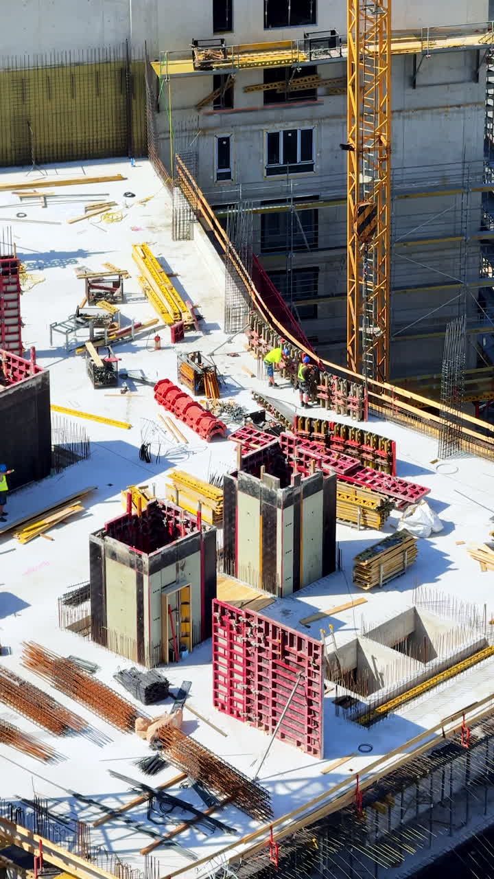 Construction site with workers in action. Construction workers are busy at a building site, utilizing equipment and materials to create structures in progress