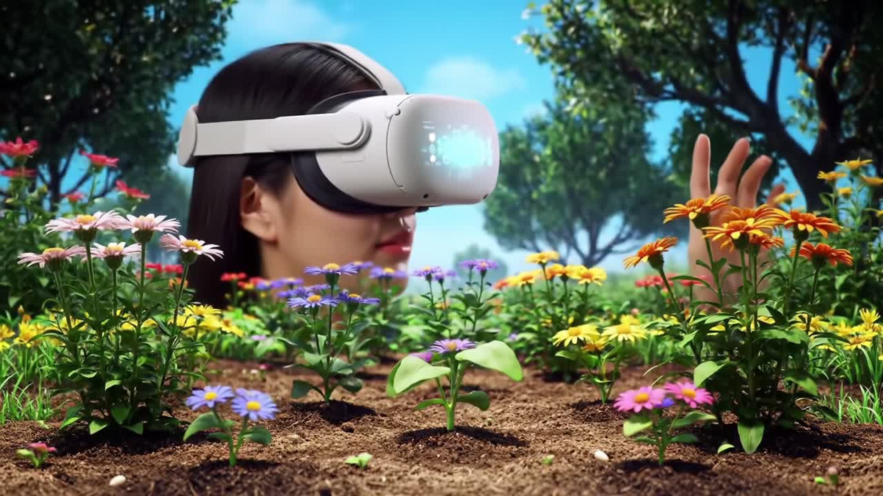 Exploring Virtual Reality Worlds: A Close-Up of a User Engaging with Nature Through Innovative Headset Technology Amidst Colorful Flora