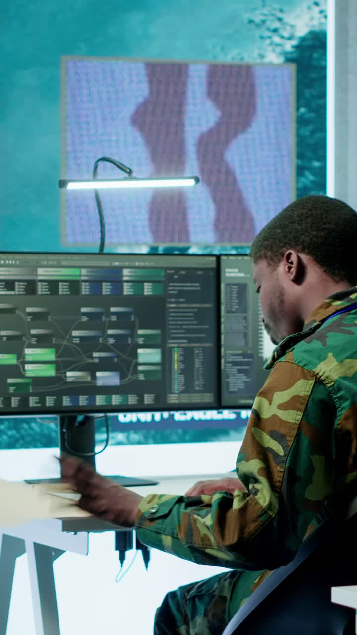 Vertical Video Skilled team of military specialists operate advanced technology and big screen