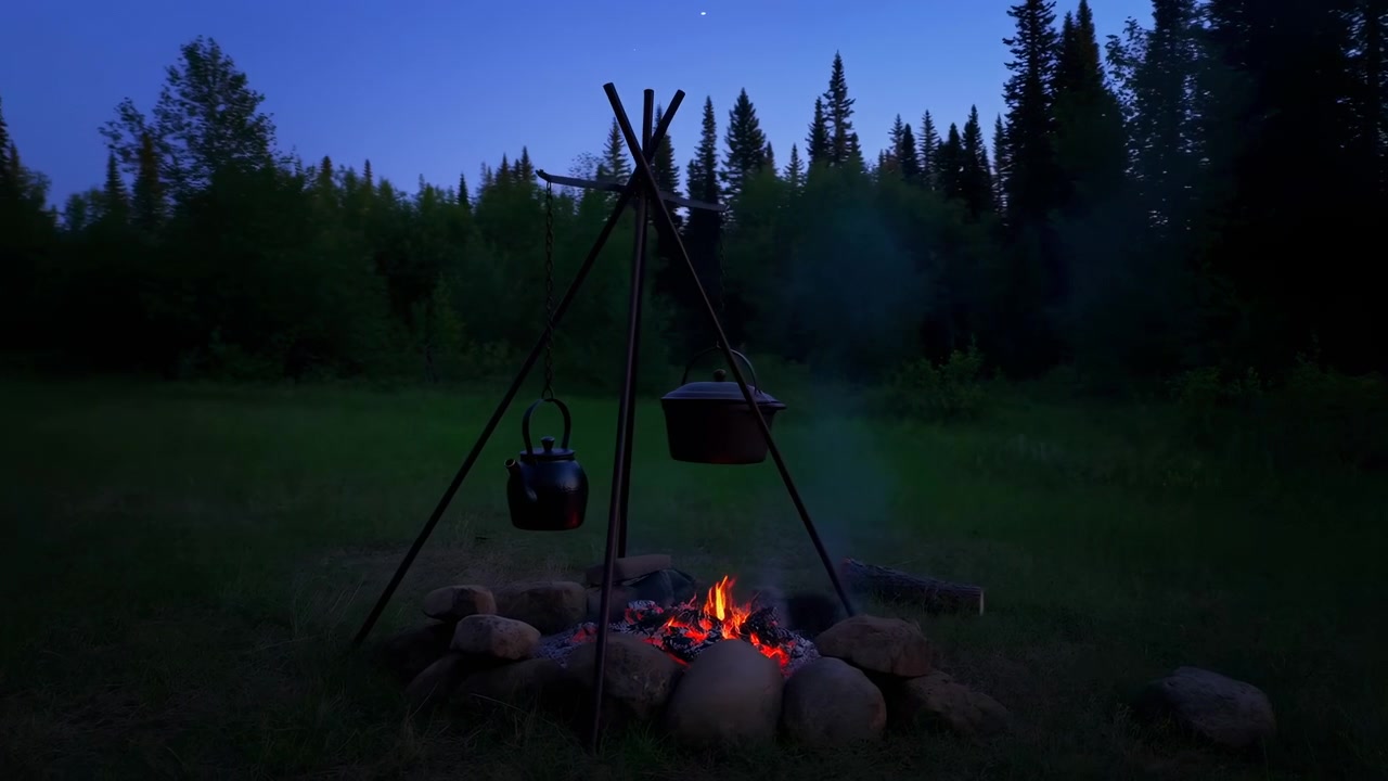 Madlavningssekvens på campingplads i skumringen med centreret stativ over stenbålplads med kedel og gryde.