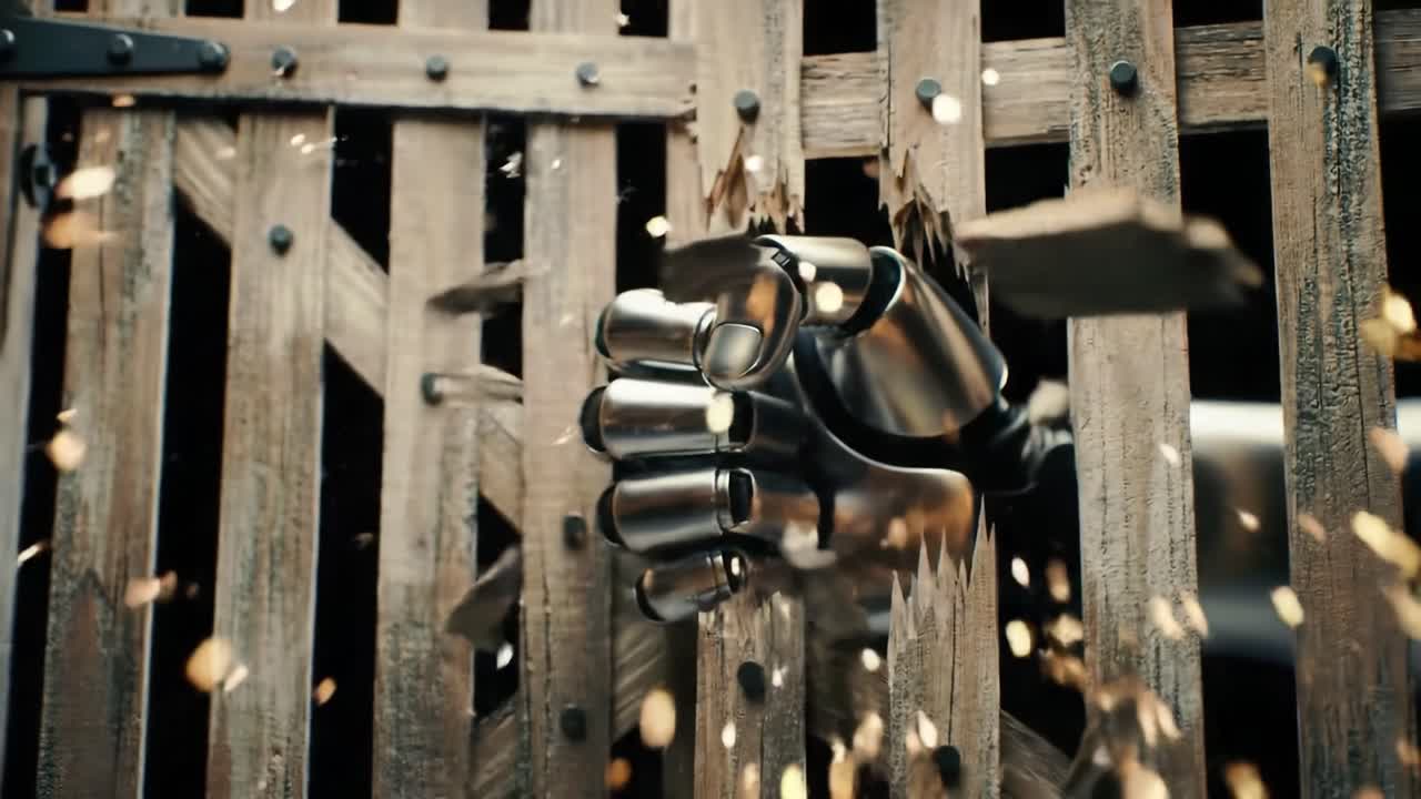 A Futuristic Robotic Hand Grasping a Wooden Gate, Demonstrating Advanced Manipulation and Interaction with Its Environment Through a Powerful Punching Action