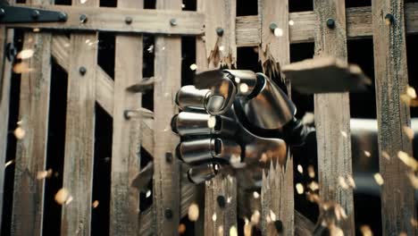 a futuristic robotic hand grasping a wooden gate, demonstrating advanced manipulation and interaction with its environment through a powerful punching action