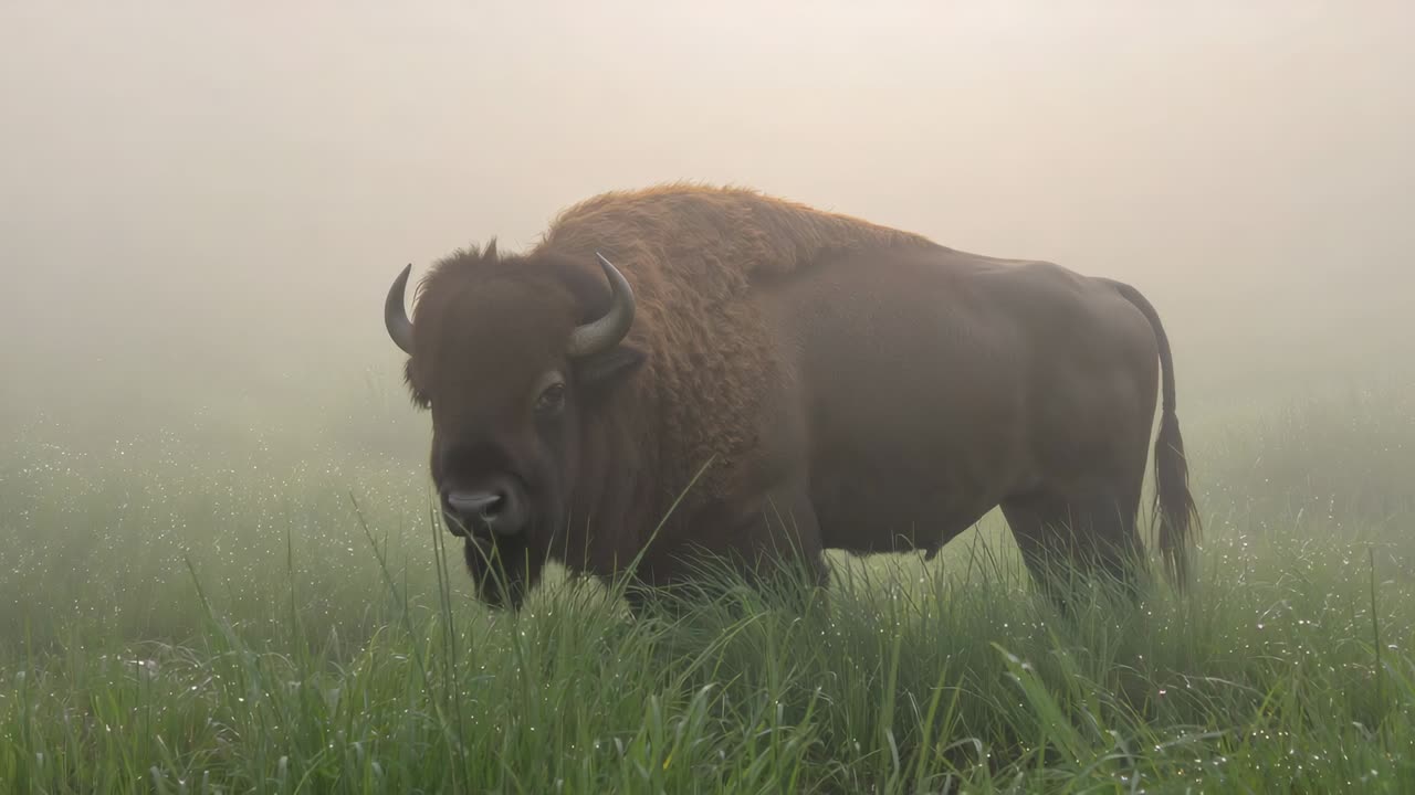 Lowering head, shaggy-maned American bison grazing and feeding in misty meadow with dewy grasses