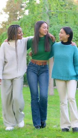 three diverse friends walking and talking in a park
