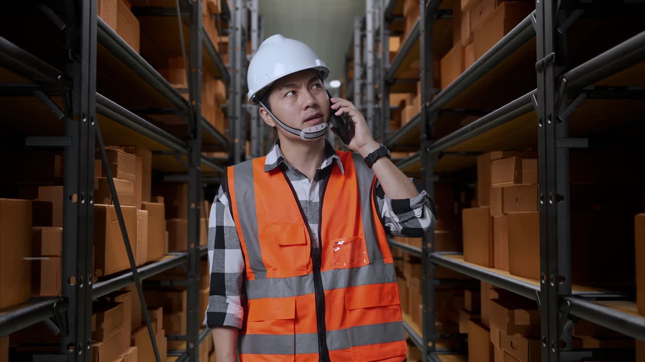 배달 물품으로 가득 찬 선반을 가진 창고에 서서 스마트폰으로 이야기하는 안전 헬을 입은 아시아 남성 엔지니어
