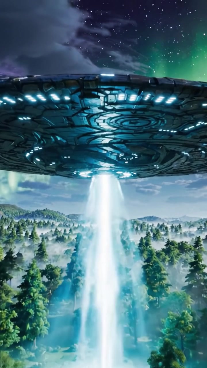 En mystisk UFO svever over et frodig skoglandskap under en stjernehimmel og dansende nordlys, som fanger et fengslende øyeblikk av utenomjordisk undring