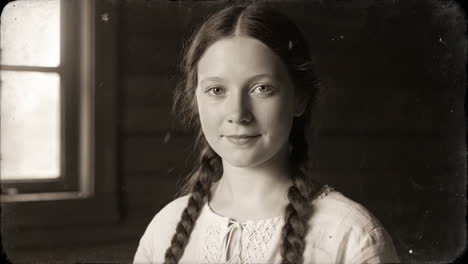 a portrait of a young girl with braids in a vintage style