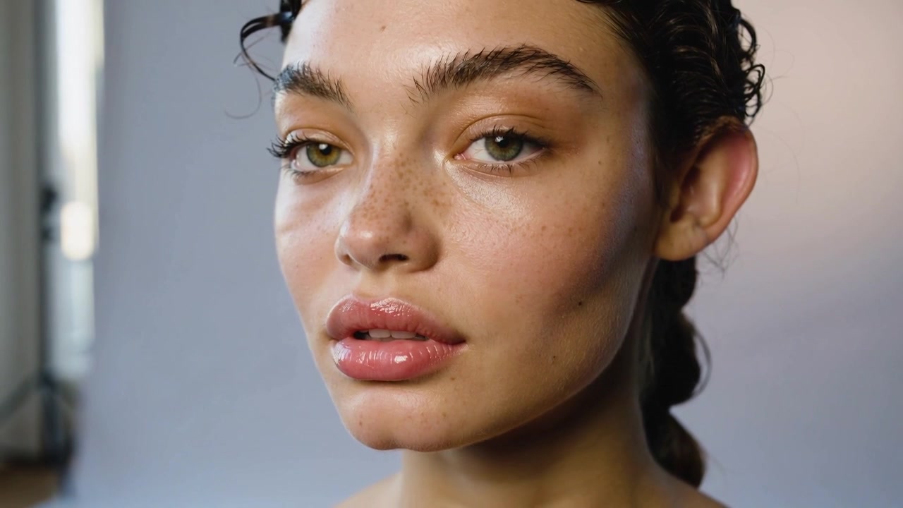 Holding pose, model gazing, blinking and turning head right in studio with glossy lips and braid