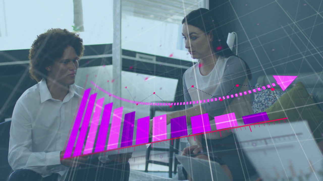 Business data chart animation over colleagues discussing in modern office