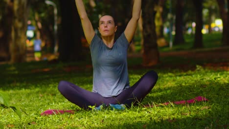 el fondo sereno de los árboles en el parque de la ciudad, mujer involucrada en ejercicios de yoga