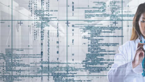 animation of financial data processing over caucasian female doctor