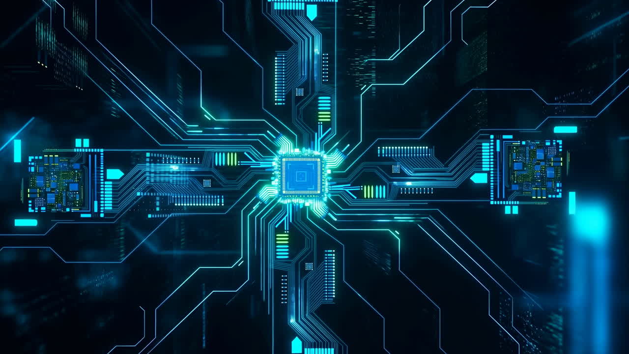 Glødende blåt printkort med centreret processor, der udstråler datastier, netværksknudepunkter pulserer, højteknologisk.