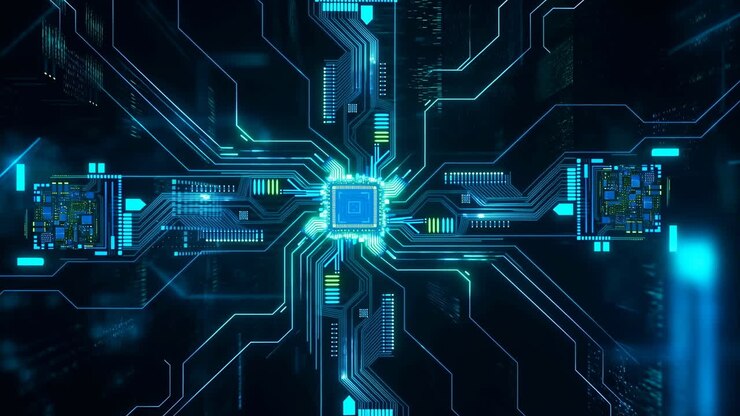Glowing Blue Circuit Board Centered Processor Radiating Data Pathways, Network Nodes Pulse, Hightech