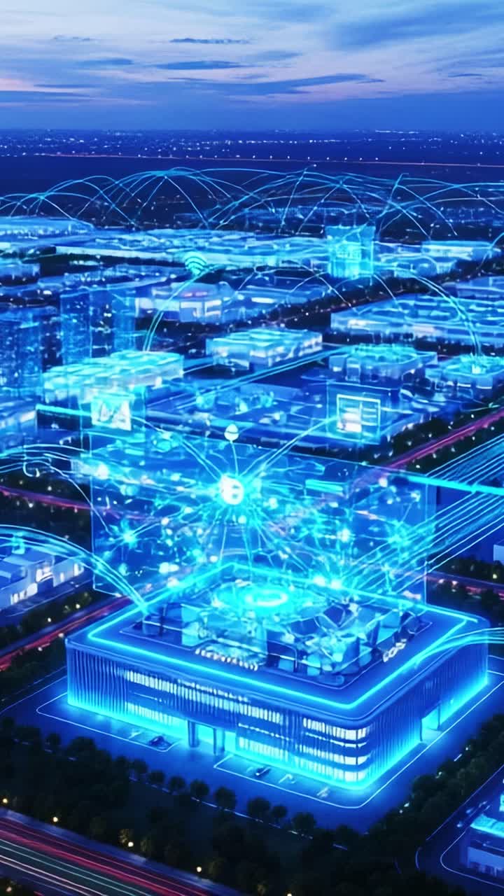 Futuristic Digital Cityscape: Aerial View of a Connected Urban Landscape Featuring High-Tech Infrastructure and Vibrant Blue Data Streams at Dusk