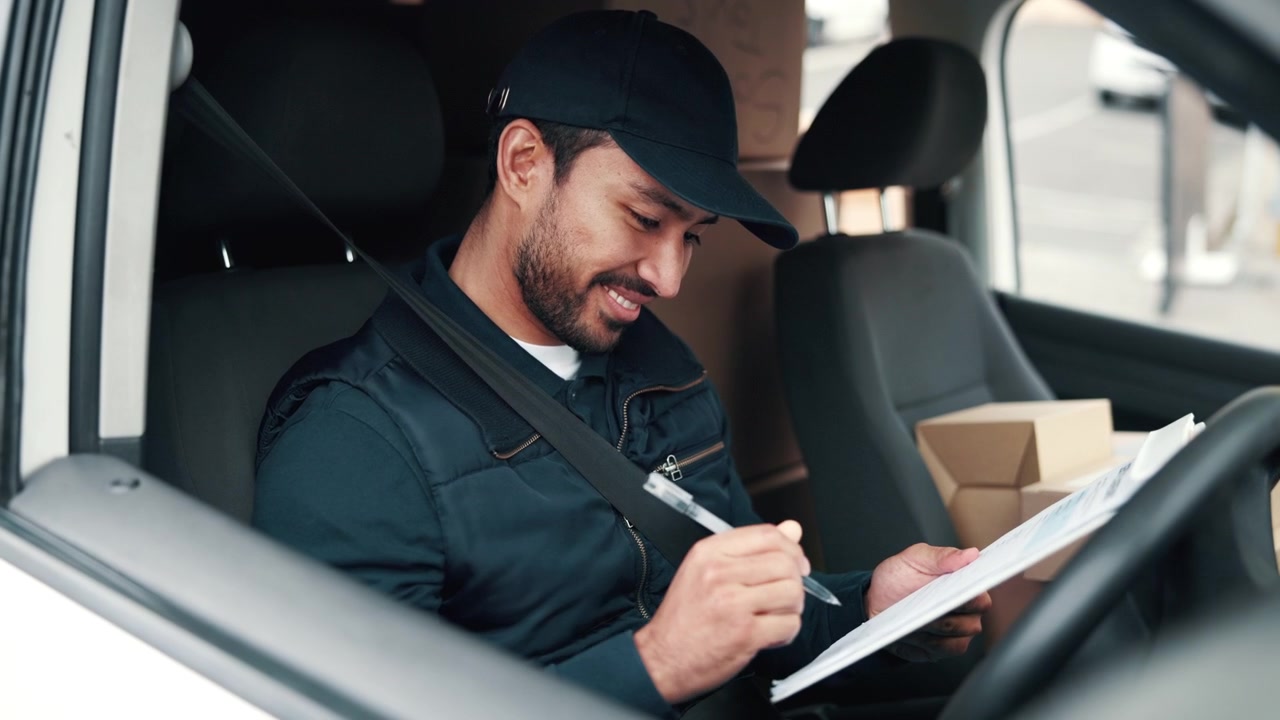 Delivery Driver Signing Paperwork in His Van