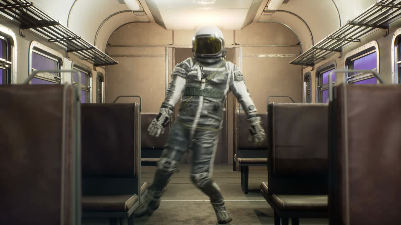 un astronauta baila en un tren espacial interestelar que viaja a velocidad superluminal. el concepto de viaje espacial de fantasía. la animación en bucle es perfecta para fondos espaciales, de fantasía y ciencia ficción.