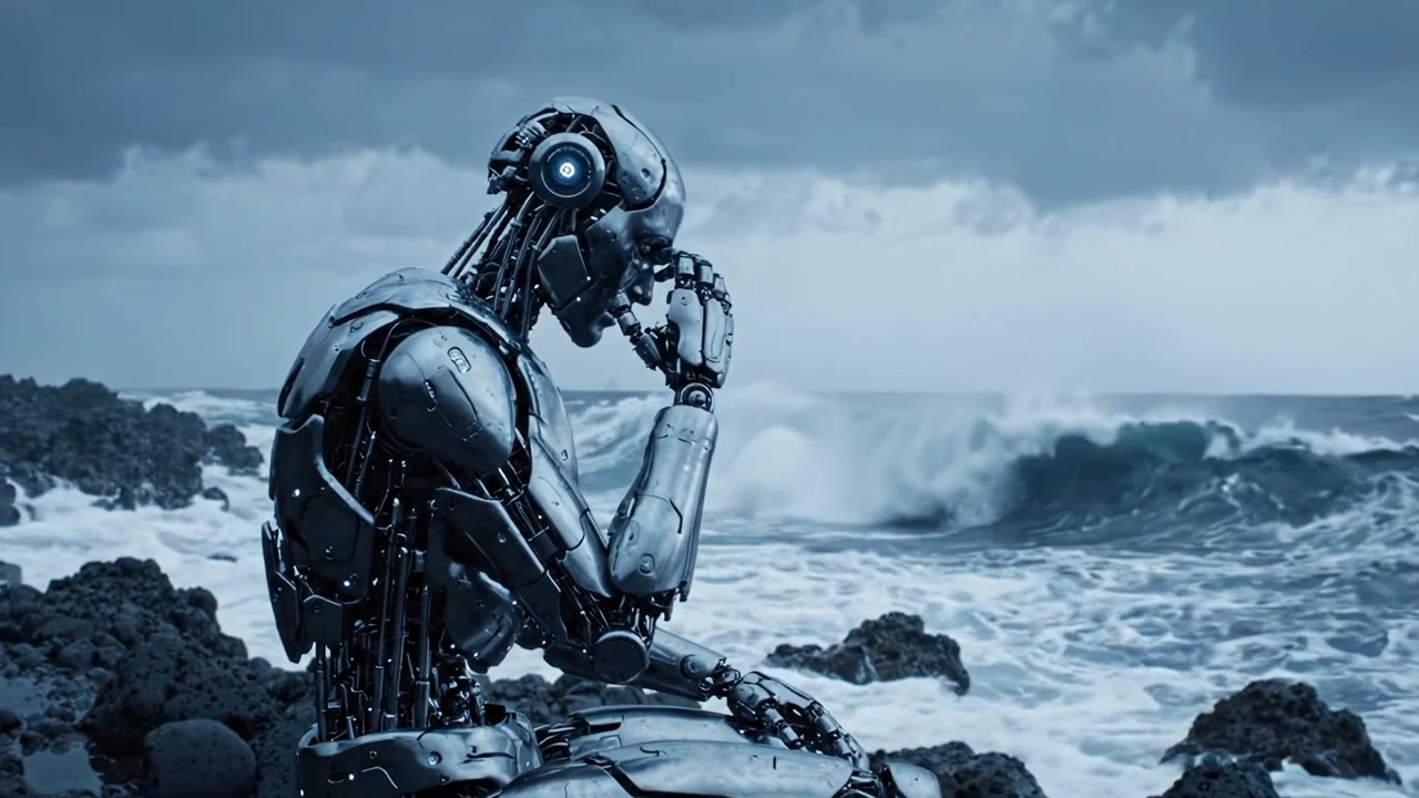Un robot contemplativo seduto su rocce vicino all'oceano, che osserva le onde che si infrangono sotto un cielo cupo, riflettendo sull'esistenza e sul potere della natura.