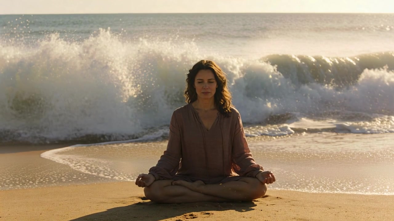 Mujer sentada meditando en la playa para la calma, con una ola rompiendo detrás de ella, vistiendo una blusa.