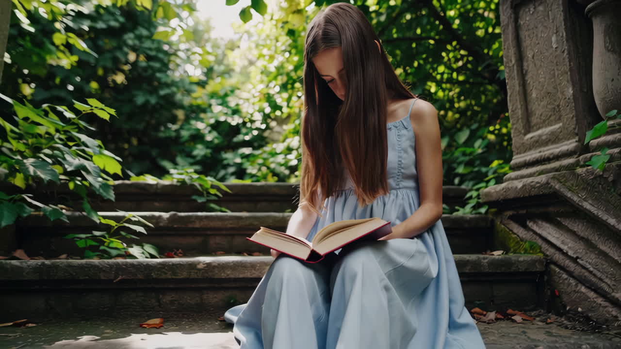Girl Reading a Book in a Garden