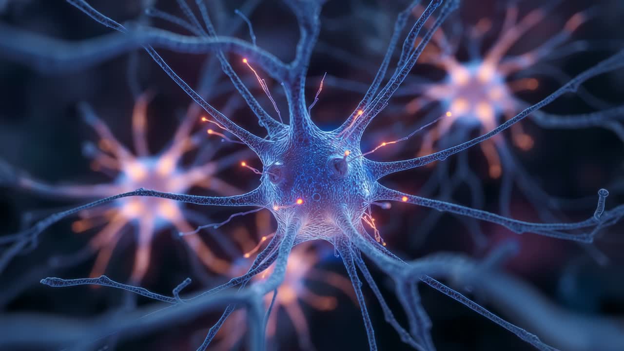 Zooming camera around soma in tissue following emergence of orange pulses, showing signal spread