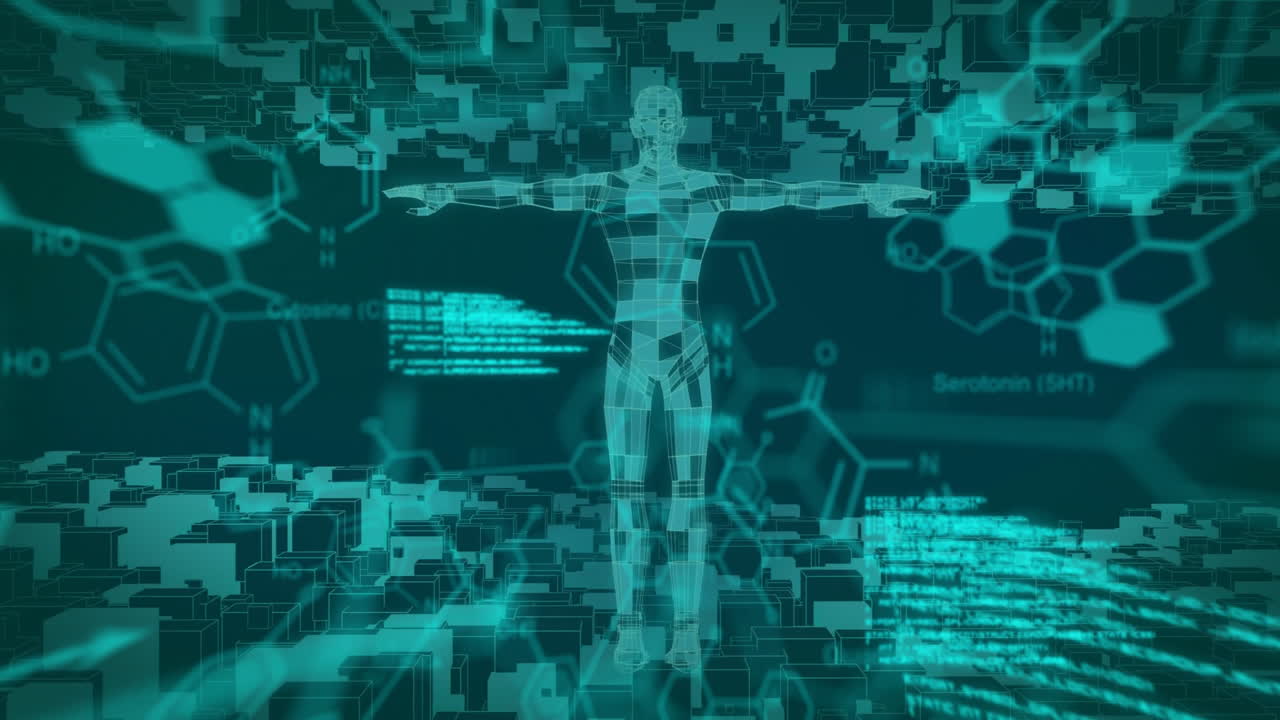Animation of data processing with chemical formula over digital human model on black background