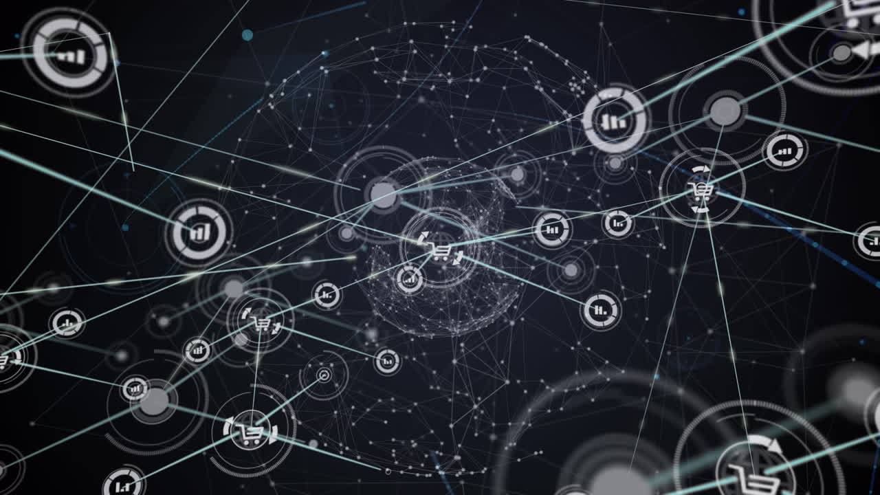 이 비디오는 검은색 배경에 연결된 네트워크의 디지털 애니메이션을 보여줍니다.