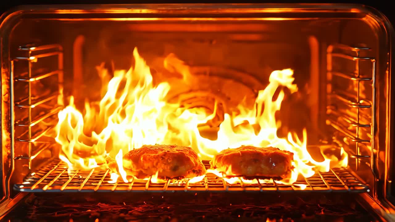 두 개의 이 있는 오븐이 불타고 있다.