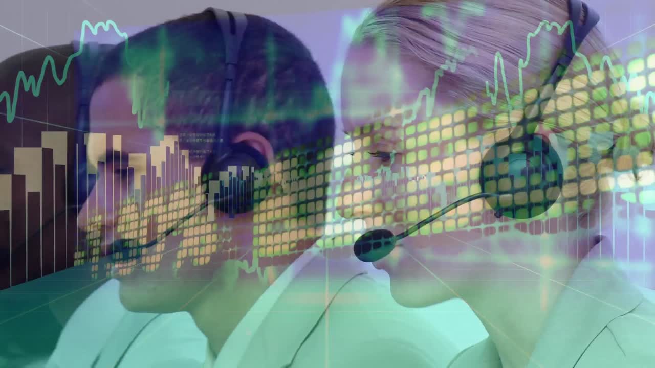 Animation of financial data processing over business people wearing headsets