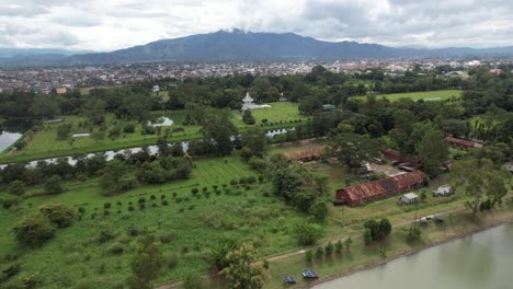 Aerial-Shot-of-grassland-with-trees-and-mountains-in-the-background-in-India