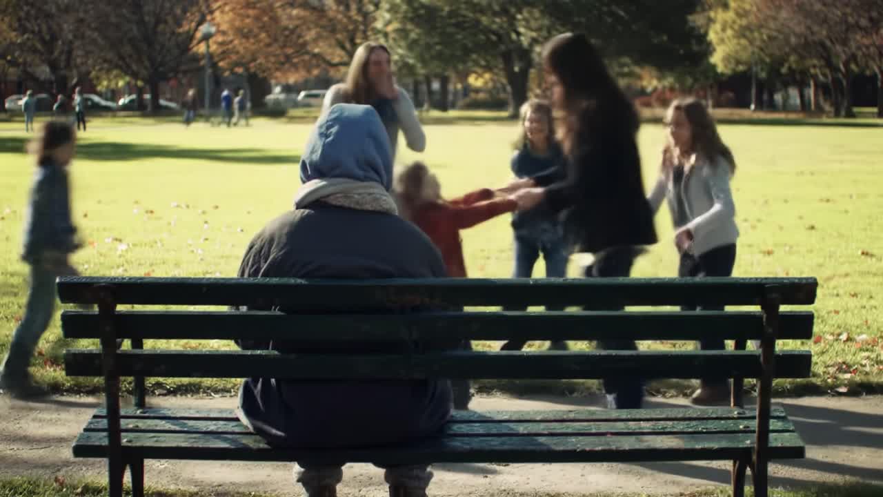 A solitary figure sits on a park bench, observing as a group of friends joyfully plays and dances in the vibrant autumn landscape, surrounded by colorful leaves and sunshine.