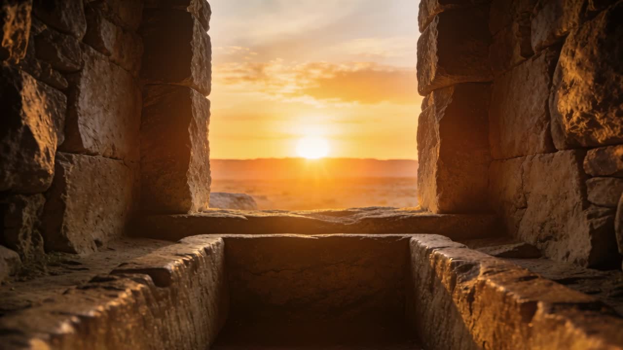 Inquadratura di un'apertura rettangolare in pietra, il sole che sorge riscalda una cavità intagliata all'interno di una nicchia, rivelandone la texture.