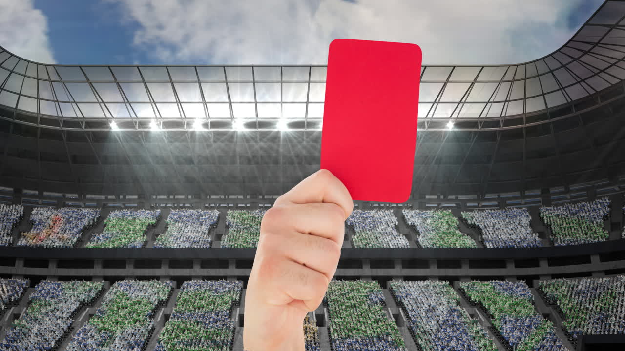 animación de un árbitro con una tarjeta roja sobre un estadio deportivo