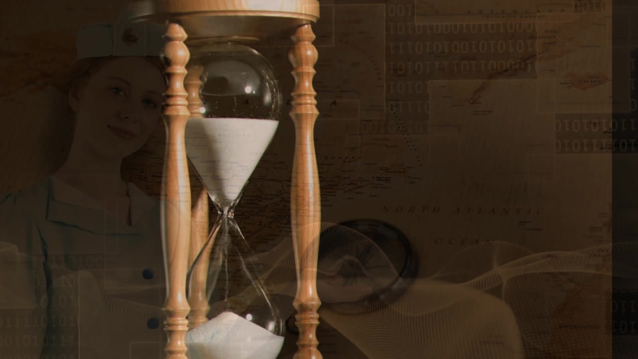 Animation of hourglass over compass with caucasian female flight attendant and world map
