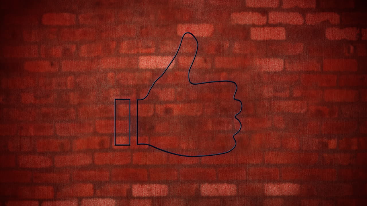 Animation of glowing neon thumb up icon on brick wall