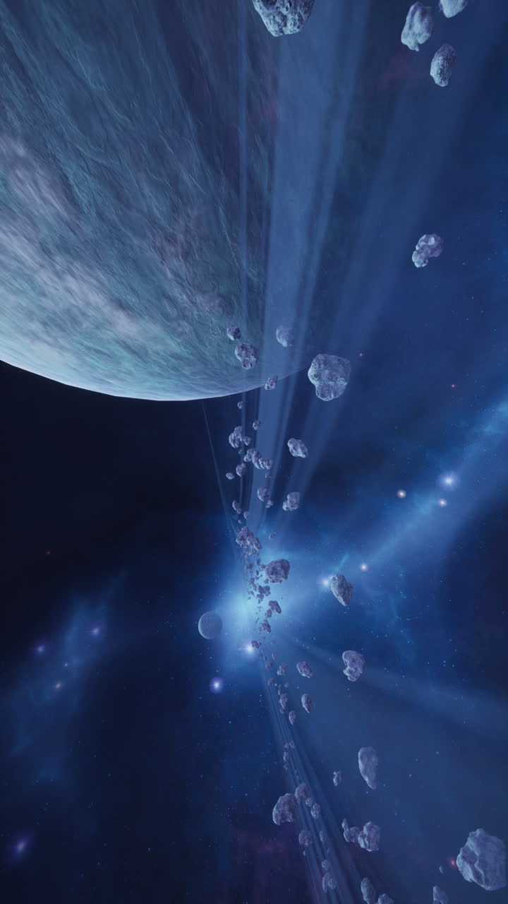 A distant planet with a ring system and a star in the background