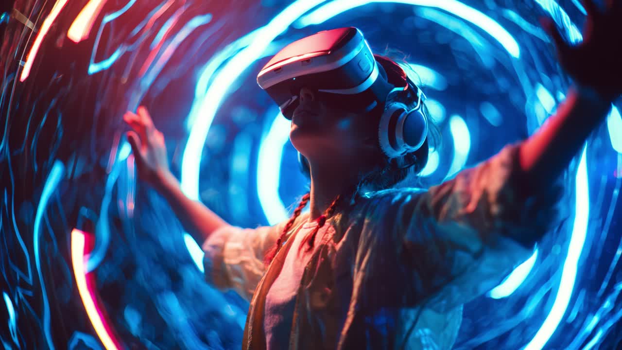 Exploring the Realms of Virtual Reality with Enhanced Immersion in a Colorful, Dynamic Environment Surrounded by Engaging Lights and Sounds Captured in High Technology