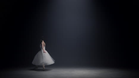 gorgeous woman soaring in ballet dress on stage. ballerina dancing indoors.