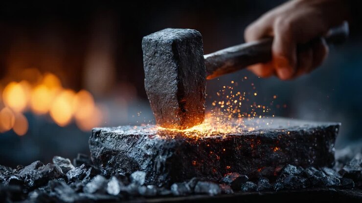 L'arte della forgiatura: momenti affascinanti di un martello che colpisce il metallo, creando scintille e calore in un processo di lavorazione tradizionale.