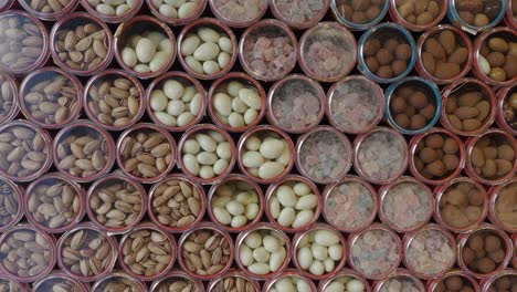 assorted nuts, candies, and sweets display