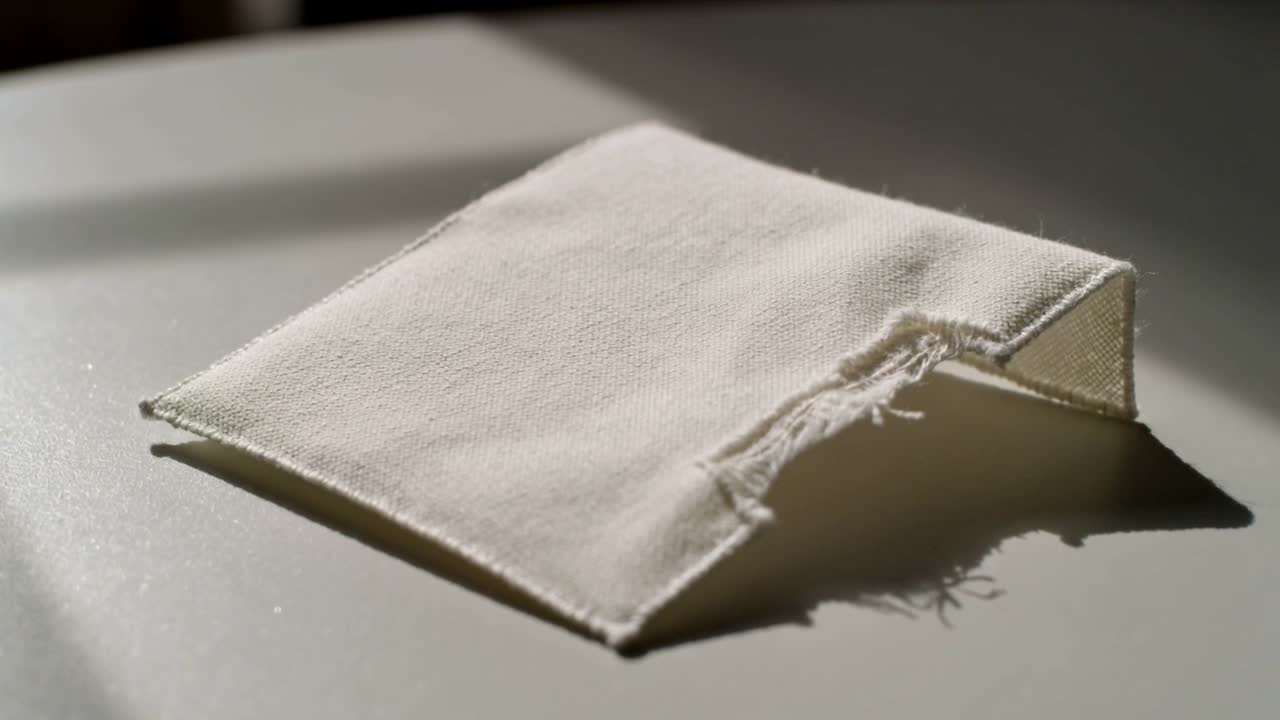 Skiftande solljus, tygpåse med fransig hörna och synliga sömmar, kastar skugga på bordsskivan.