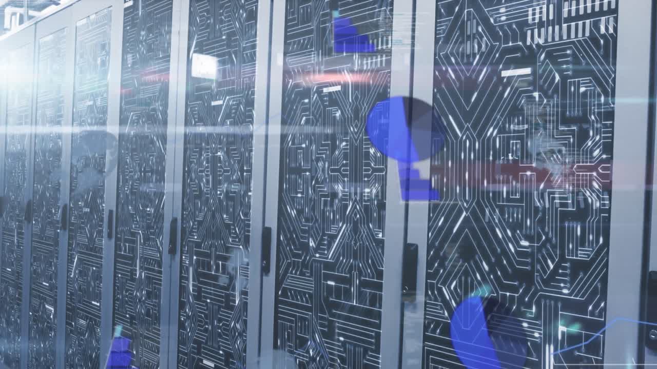 animación de círculos de procesamiento y luces sobre servidores