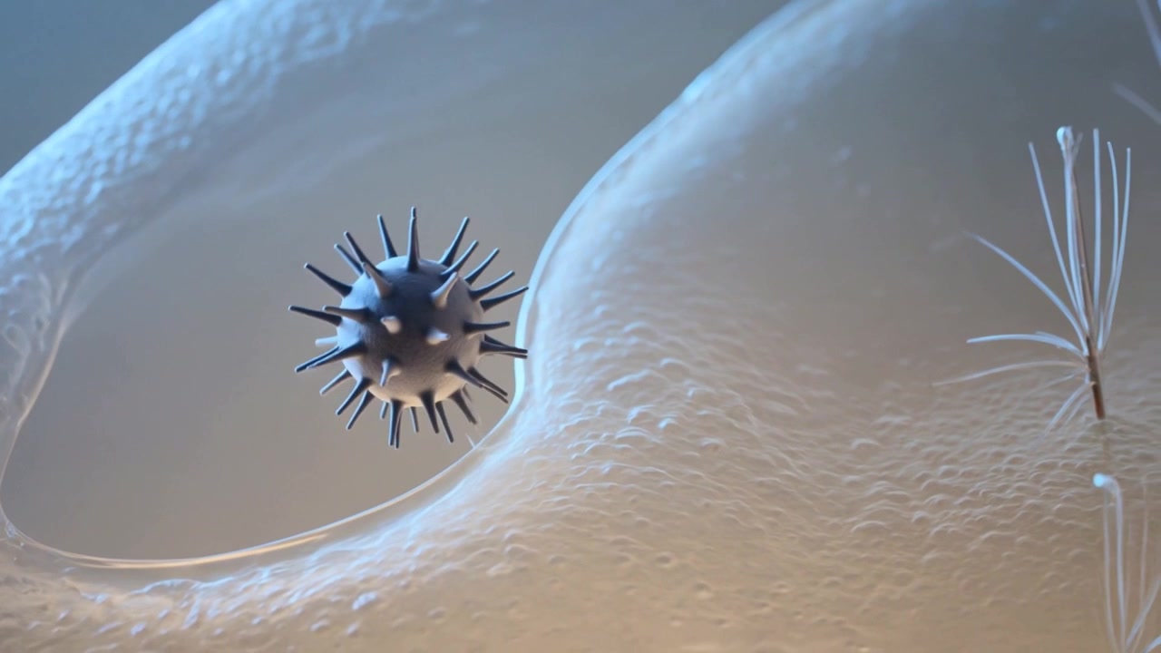 Appearing left, spiky particle drifting toward hairlike stalks across magnified substrate, rotating