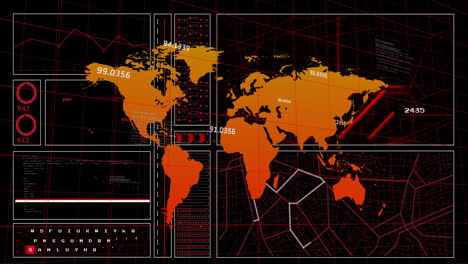 animación del procesamiento de datos digitales sobre el mapa del mundo en fondo oscuro