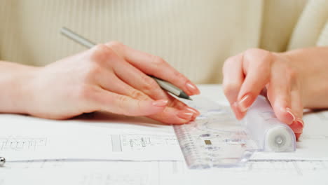 a close-up of hands drawing with a ruler and pencil on blueprints
