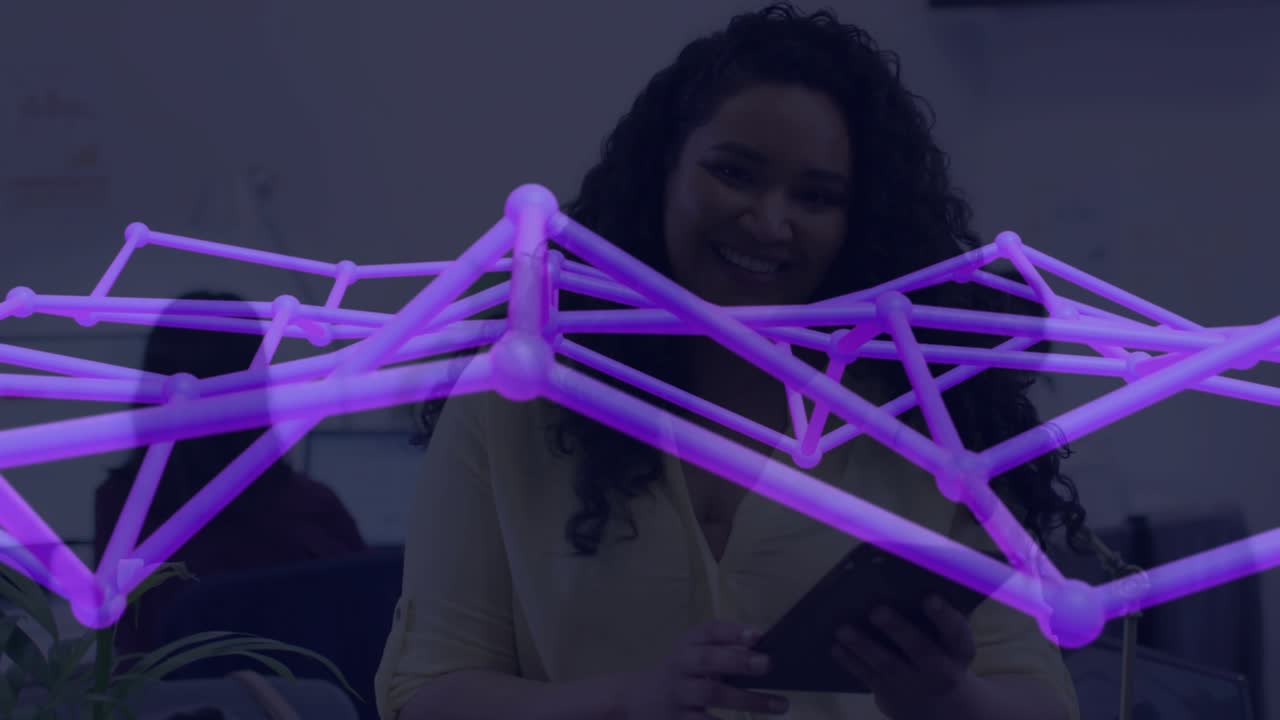 Center woman tapping tablet starting purple 3D net sweeping front, scrolling, revealing content