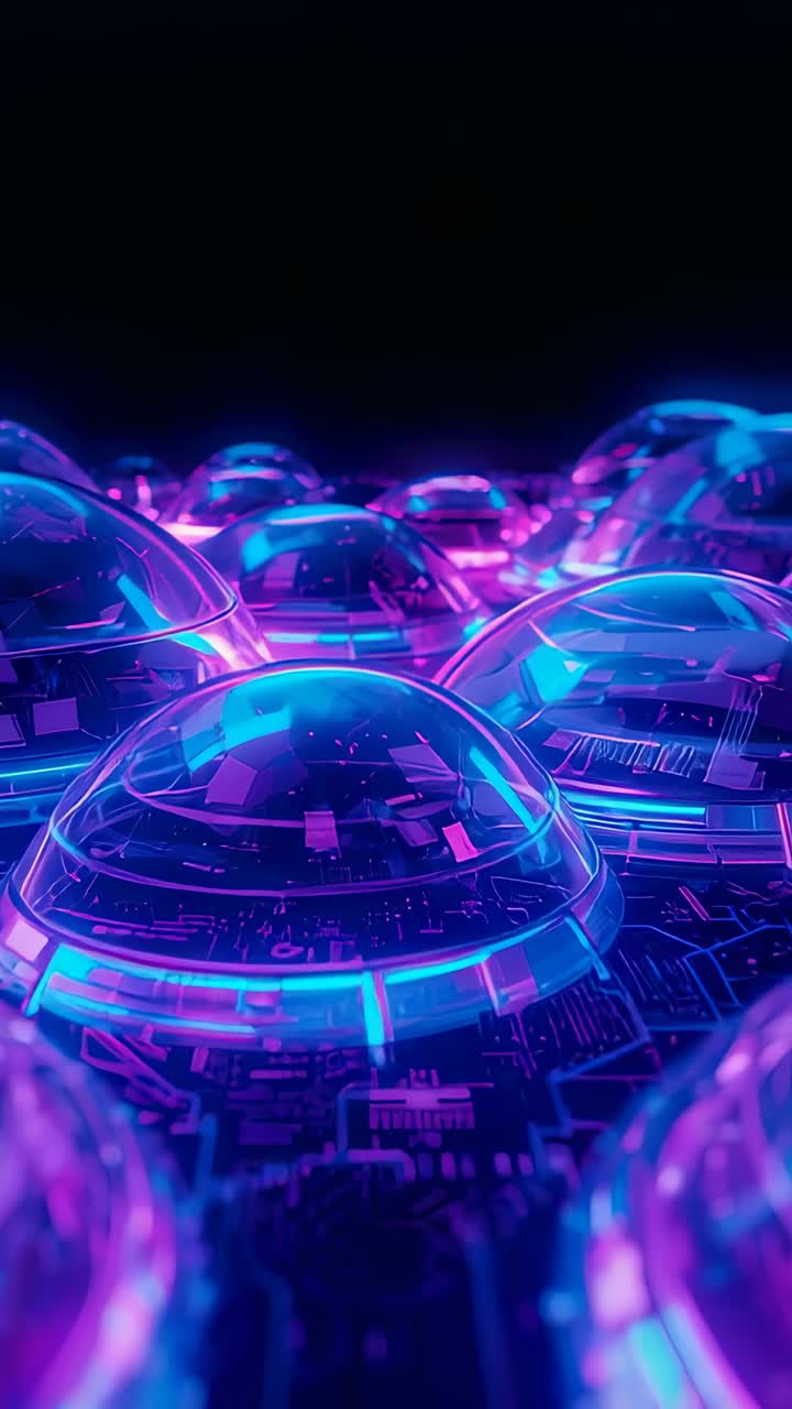 Vertical video: Pulsing lights revealing domes shifting glints over PCB with chips, adding depth