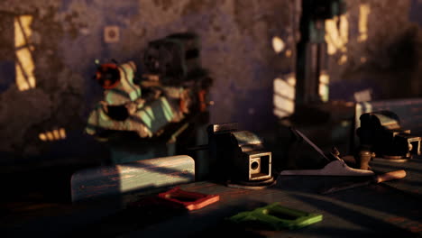 vintage camera setup captures essence of abandoned workshop environment