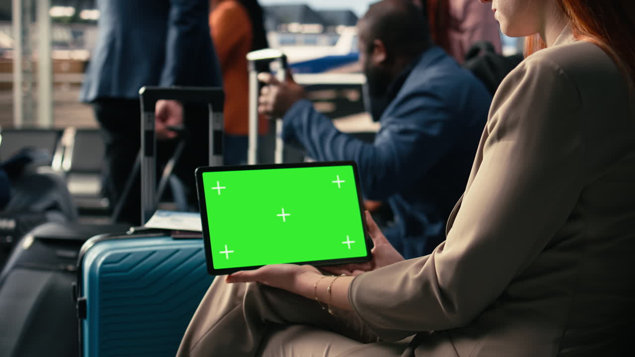 Mockup chroma key di tablet dengan sekelompok orang menunggu di ruang tunggu bandara