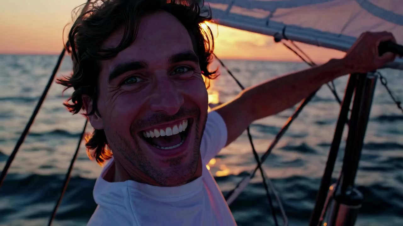 Uomo felice che sorride su una barca a vela al tramonto dorato