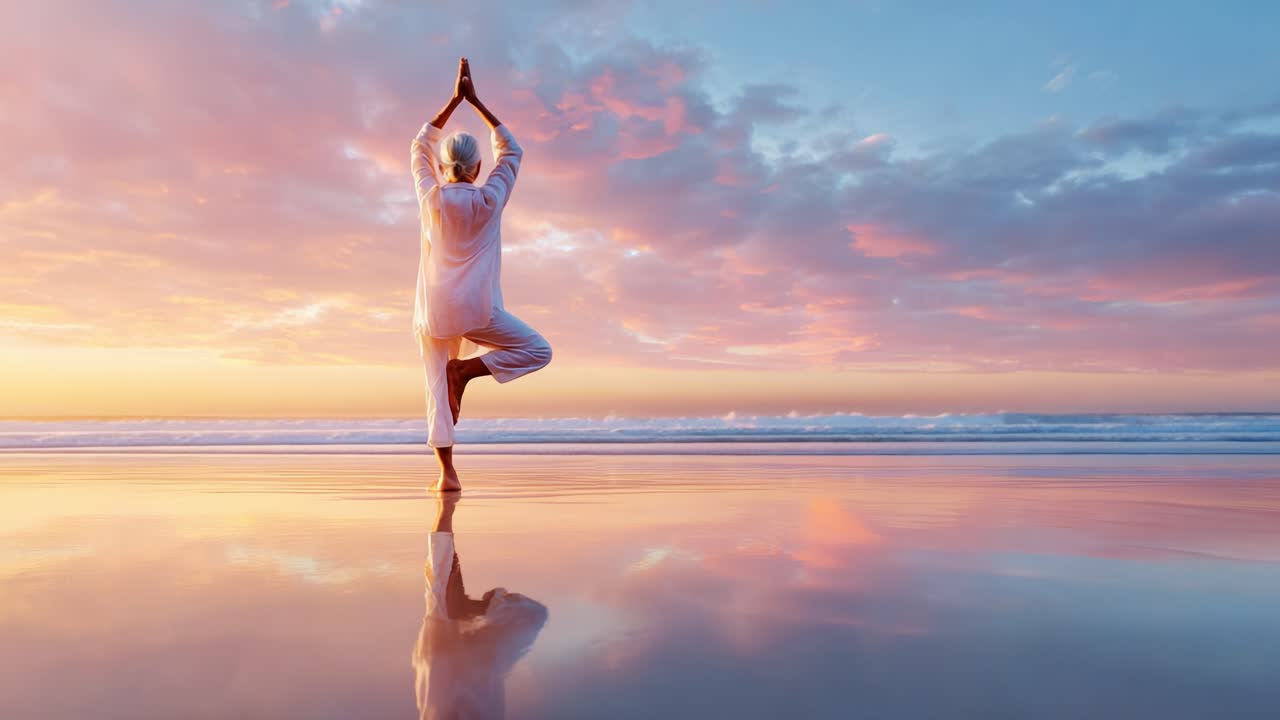 A serene sunset yoga session at the beach, capturing tranquility and inner peace as an individual practices balance and mindfulness against a stunning natural backdrop